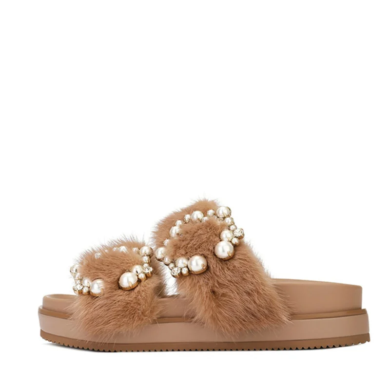 

Winter Ladies Home Slippers 100% Mink Fur Fashion Warm Shoes Ladies Flat Loafers Women Slippers Comfortable Home Plush Slippers