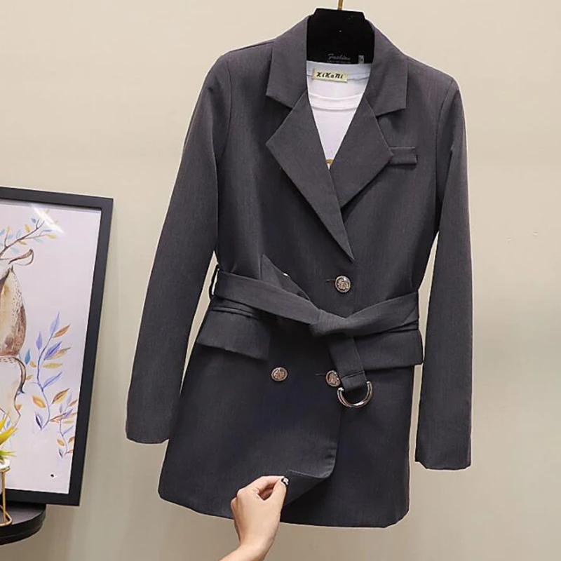 Vintage Double Breasted Black Blazer Women Jacket 2019 Spring autumn Casual Belt Suits Coat Feminino blazers Outerwear | Женская одежда