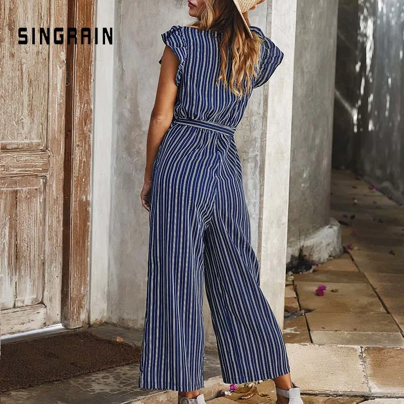 Женский хлопковый комбинезон в полоску SINGRAIN пляжный винтажный с широкими
