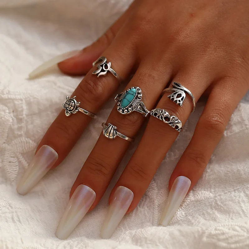 

Ring Retro Foreign Trade Crown Snake Turquoise Turtle Elephant Geometric 6-Piece Ring Set for Women Wholesale