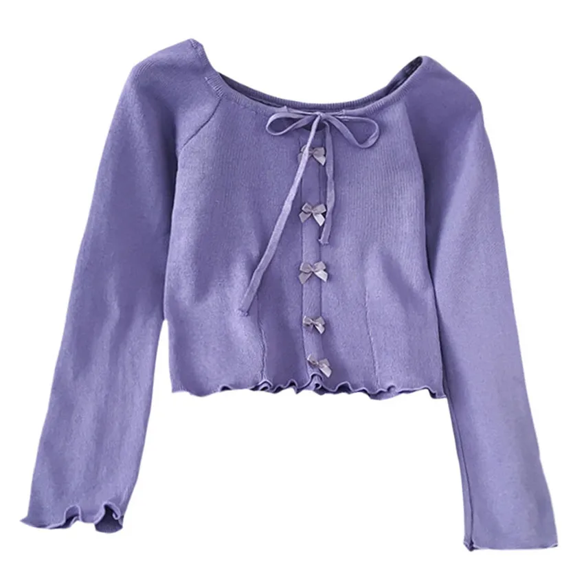 

2021Spring Long Sleeve Knitted T shirt Women O neck Bow Sweet Knit Crop Top Korean Fashion Knitwear Pullover