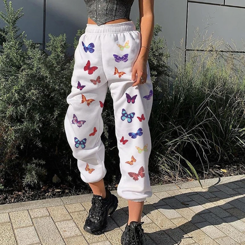 Women High Waist Jogger Pants Colorful Butterfly Graphic Printed Sweatpants Hip Hop Baggy Loose Lounge Trousers Pockets