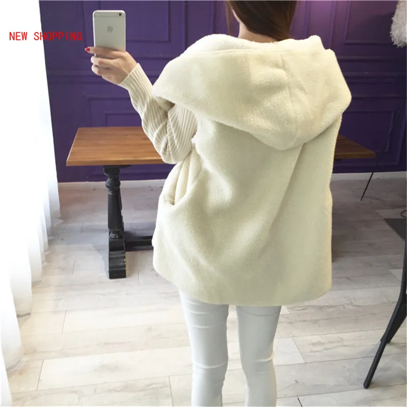 

2020 New Arrival Loose Lamb Wool Coats Warm Cardigan Solid Color Hooded Long Fashion Coat Knitted Sleeve Stitching Thick Jacket