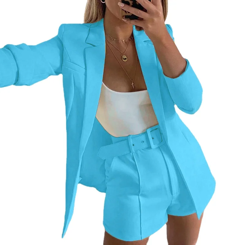 

Two Piece Blazer Suit Women Office Sets Autumn Long Sleeve Cardigan Blazer Shorts Solid 2 Piece Set Lady Casual Blazers Set