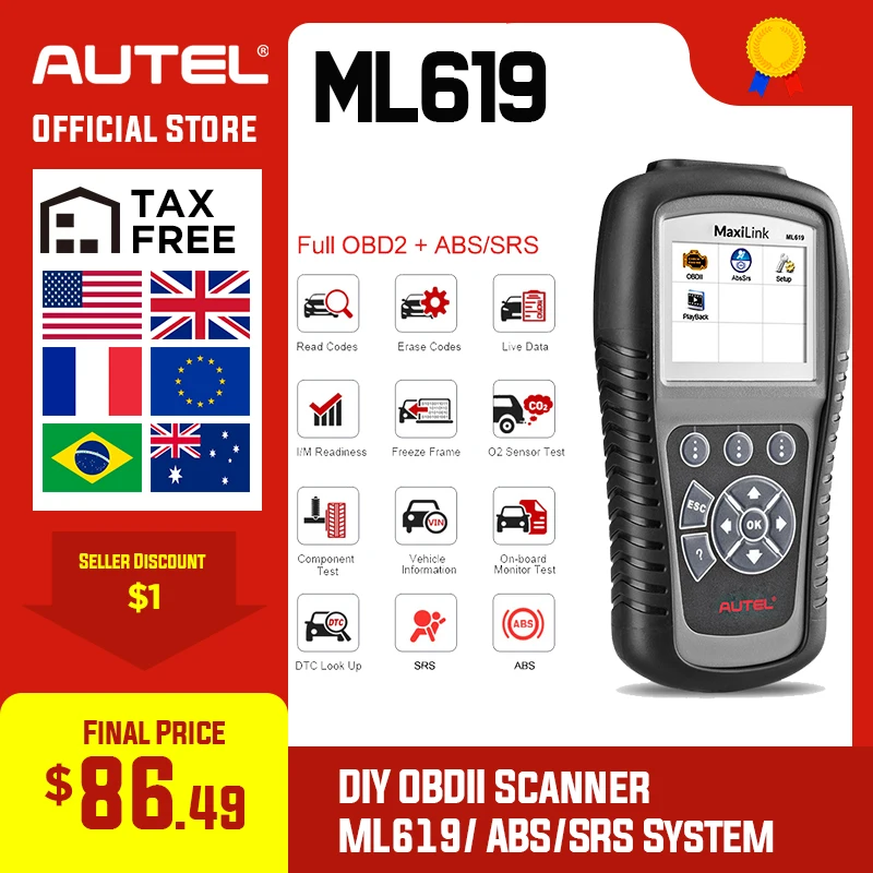 Autel MaxiLink ML619 сканер для диагностики авто автомобиля код ридер ABS SRS подушка