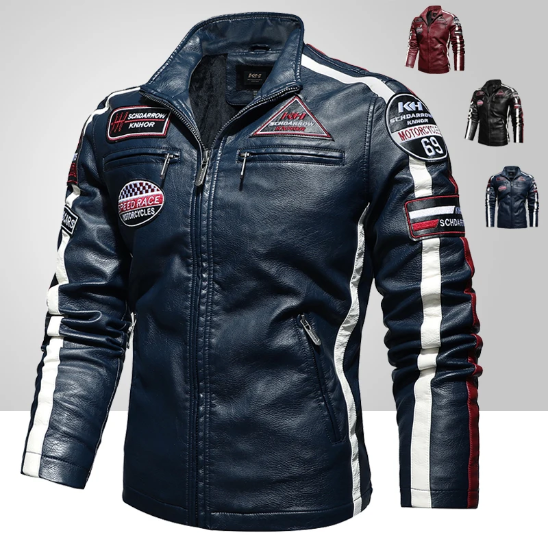 Мужская мотоциклетная куртка в стиле ретро, новая модная ветрозащитная кожаная куртка, Мужская куртка-бомбер с вышивкой, зимняя флисовая по...