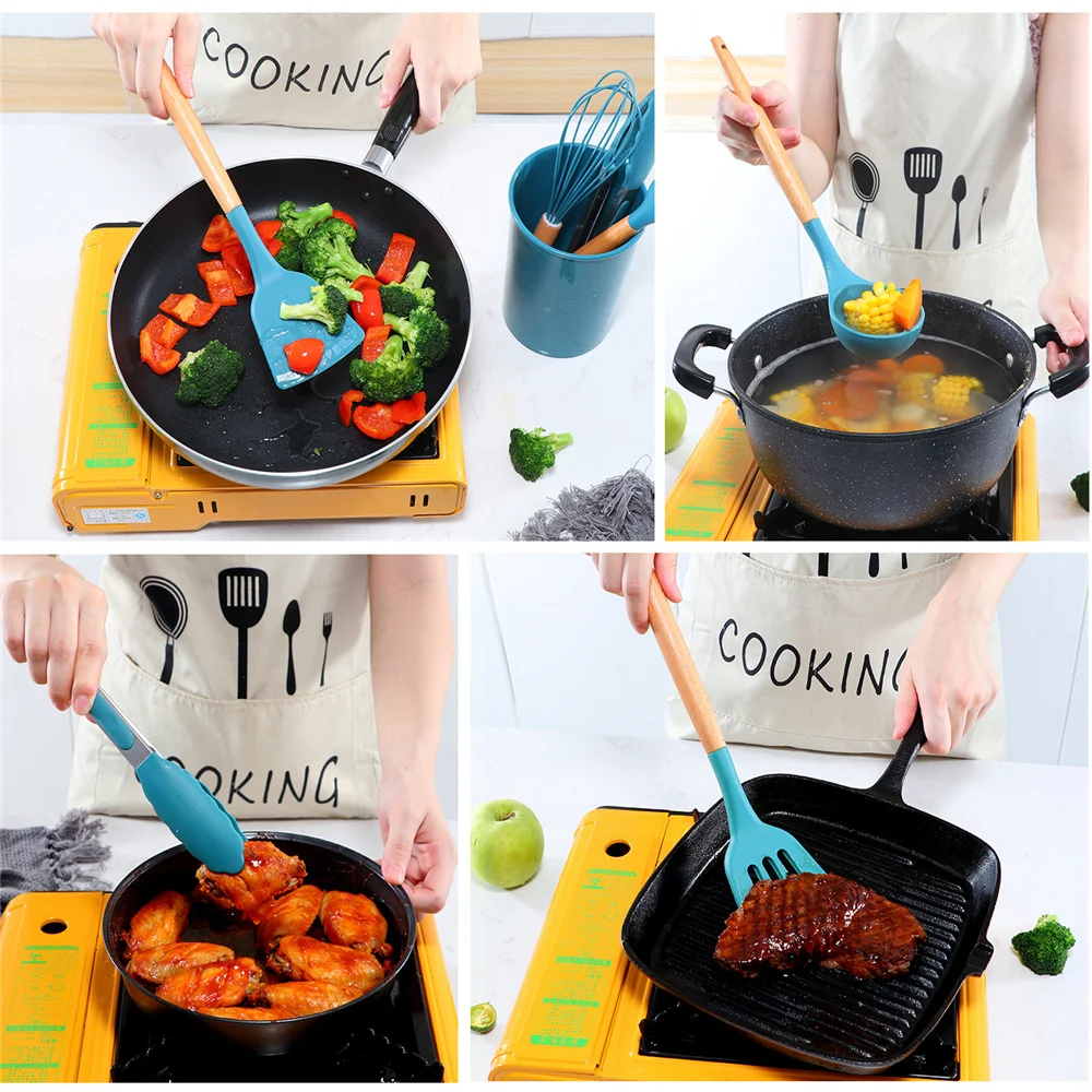 

11pcs Silicone Cooking Utensils Kitchen Utensil Set Non-stick Spatula Wooden Handle With Storage Box Kitchen Tools Gray
