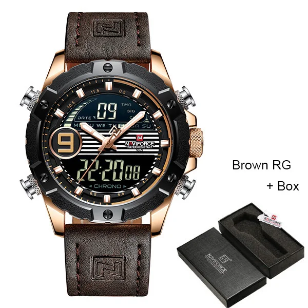 NAVIFORCE Reloj Hombre, наручные мужские часы, Лидирующий бренд, роскошные, натуральная кожа, кварцевые часы, спортивные часы, мужские Relogios Masculino - Цвет: Brown Rose Gold Box