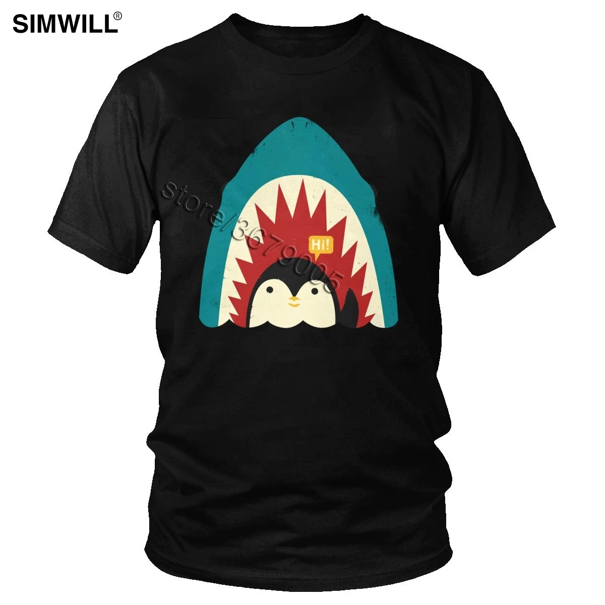 

Vintage Funny Hi Shark T Shirt Men Cotton Penguin T-Shirt Short Sleeved Crew Neck Spheniscidae Tshirt Grunge Plus Size Tee Tops