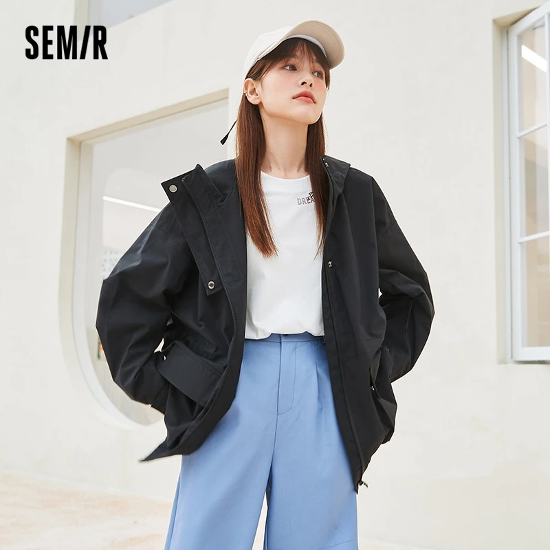 

SEMIR Jacket Women Retro Tooling 2021 Spring Autumn New Loose Ladies Hooded Jacket Drawstring Korean Style Chic