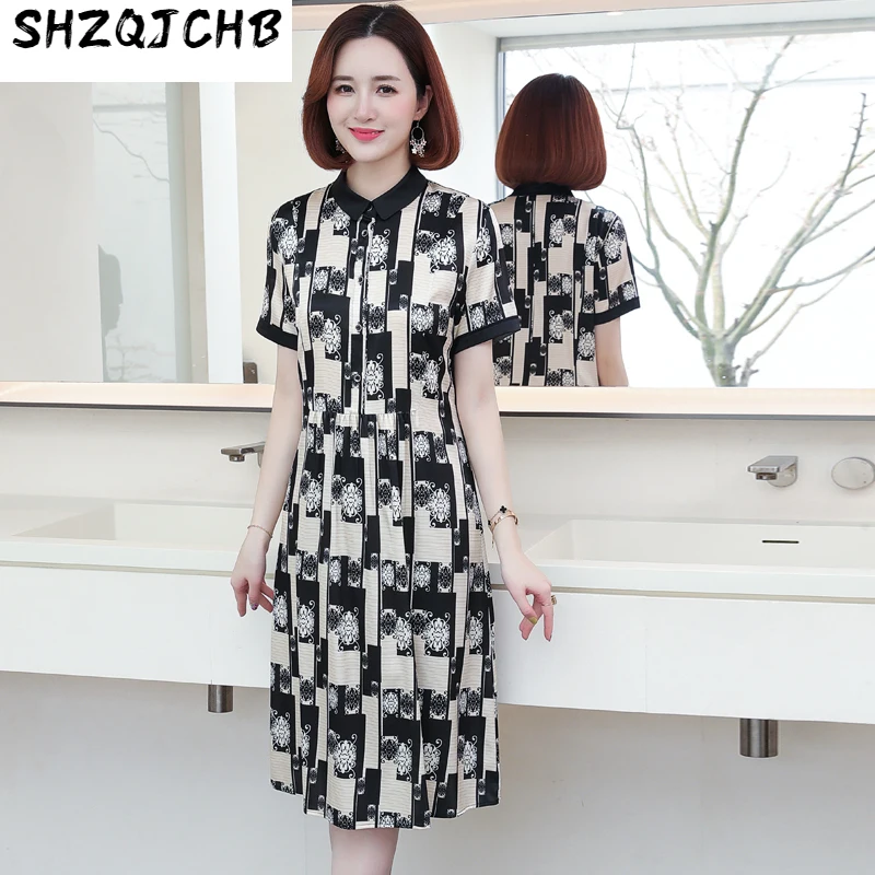 SHZQ Summer Silk Dress Feminine Slim Short Sleeve Women's Dress Medium Long Printed Mulberry Silk Skirt
