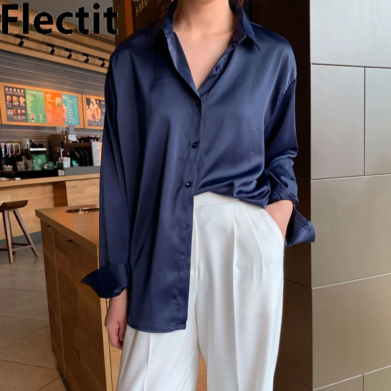 

Flectit Women Blouses 2020 Fashion Long Sleeve Lapel Collar Front Button Poplin Blouse Chic Effect Shirt Female Top *