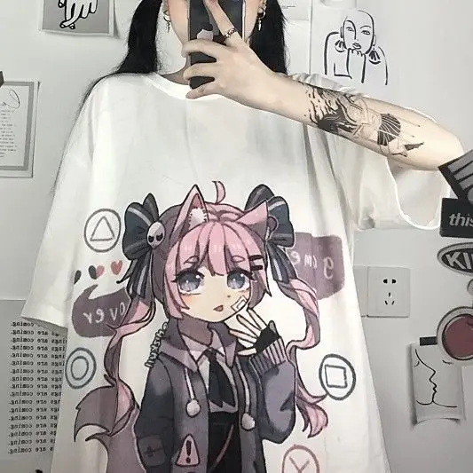 

2021 New Summer Short-Sleeved Female Students Korean Version Of Loose Harajuku Style Comics Ins Wild Top White T-Shirt Trend