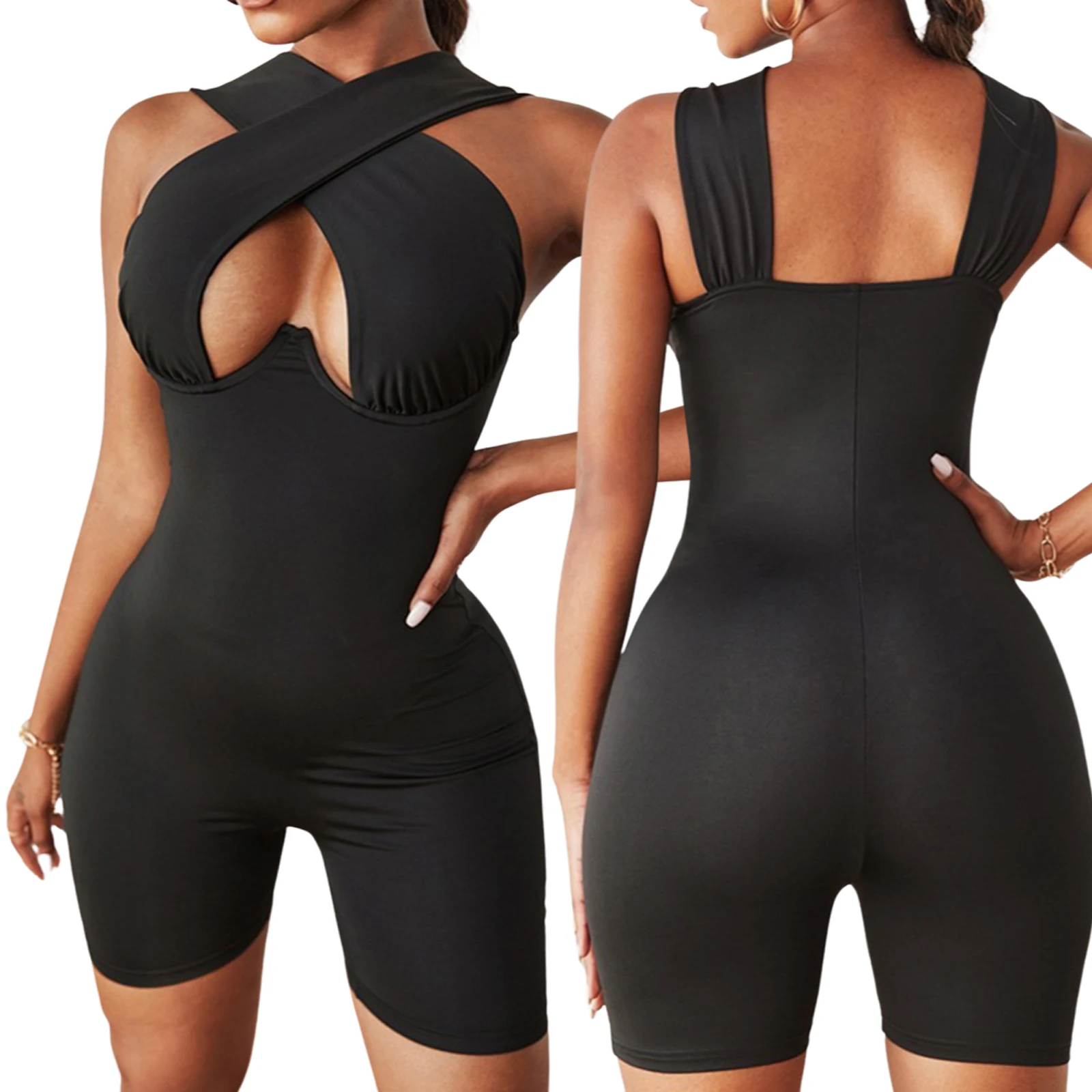 

Hollow Out Crossed Halter Jumpsuit Women Summer Solid Color Short Romper Sleeveless Romper Fashion Sexy Bodycon Jumpsuits