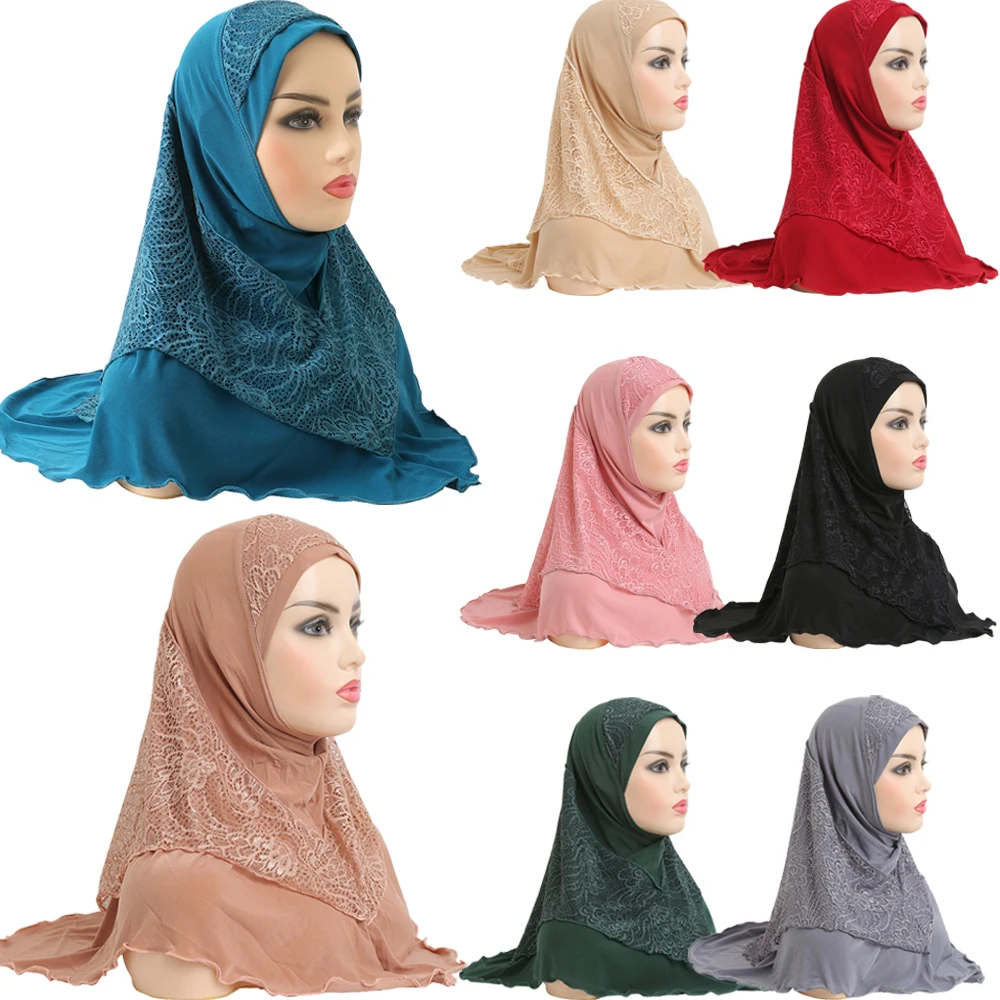 

One Piece Women Pull On Ready Made Instant Wear Turban Hijab Amira Lace Headscarf Muslim Prayer Shawl Wrap Islam Bonnet Ramadan