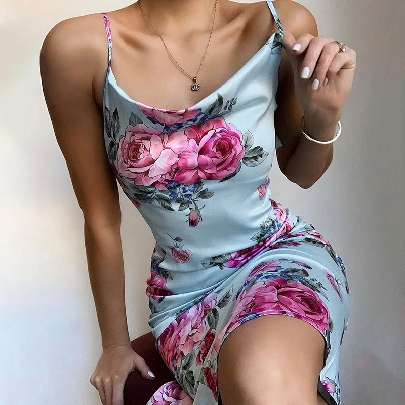 

Sexy Summer Dress 2020 Women Bodycon Long Dress Slim Backless Pink Flower Print Party Dress Club Vestidos New MD0041