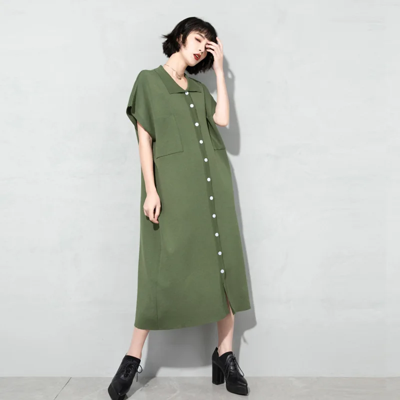 

Solid Color Dress Fashion New Women Single Breast Pocket Goddess Fan Casual Style Minority Short Sleeve Dress C820