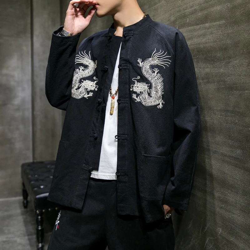 Chinese Style Embroidered Jacket 2021 Cotton Linen Tang Suit Wudang Disc Button Tunic Plus Size Tops Men Cloting |