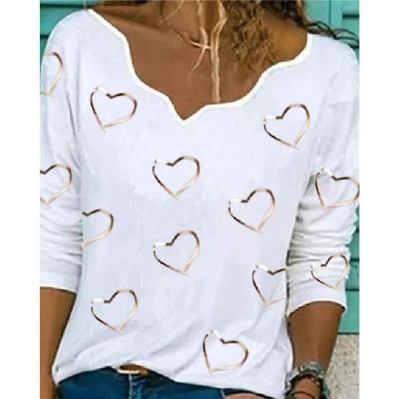 

New Daily Tee 2022 Spring Autumn Casual Love Printing V-neck Pullover Long-sleeved Loose Home All-match Bottoming T-shirt Top