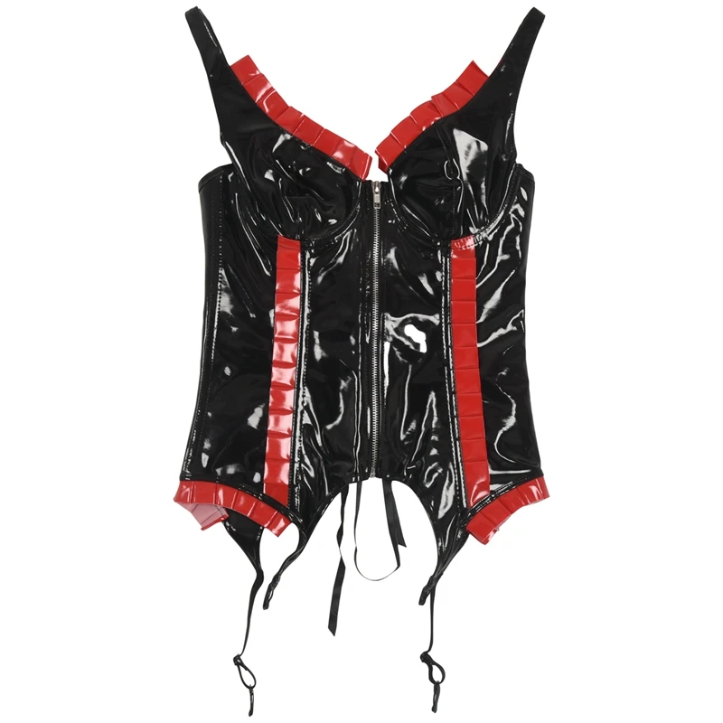 Сексуальный черный красный с оборками ПВХ латексный корсет трусики стринги