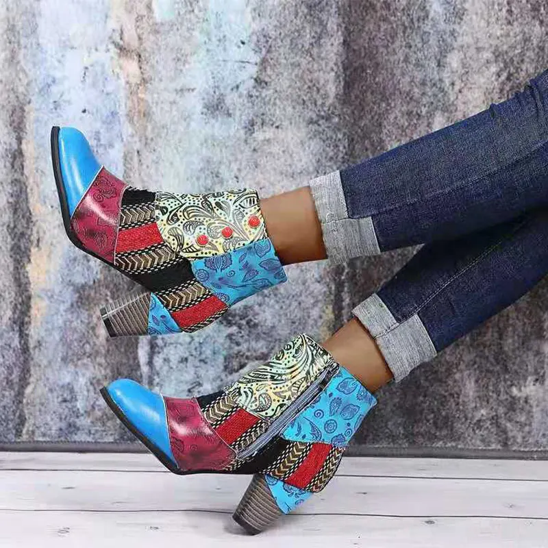 

Ladies Ankle Boots Splicing Colored Short Boots Square Heel ethnic Retro Shoes Non-slip Fashion Zip Footwear 2021 Autumn Winter