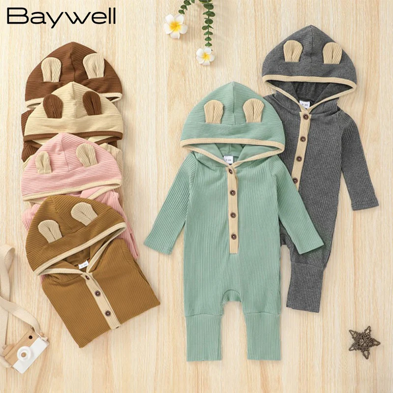 

Baywell Autumn Unisex Newborn Baby Jumpsuit Clothes Infant Boys Girls Cute Hooded Solid Long Sleeve Romper Clothes