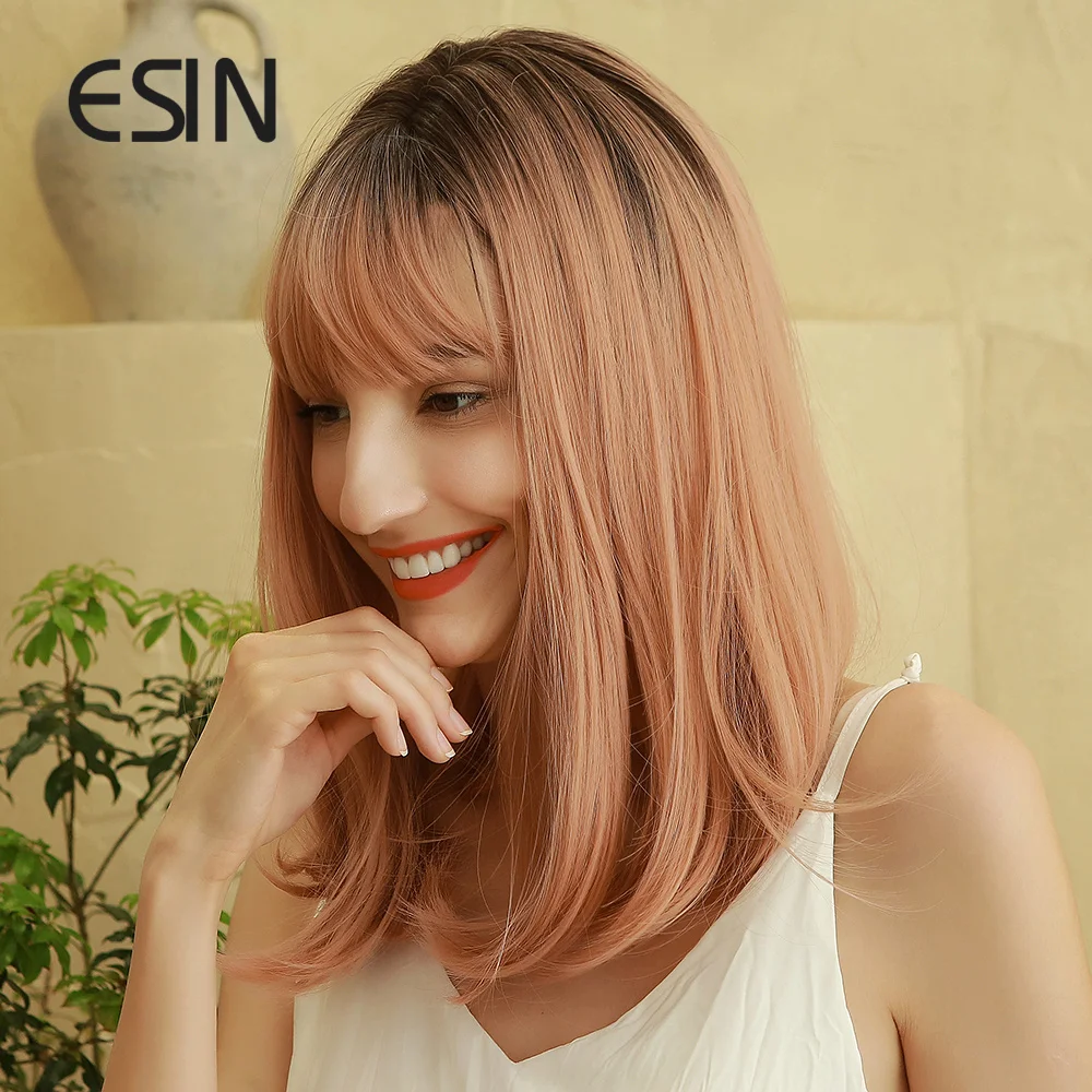 ESIN темно коричневый омбер Розовый средней длины прямой парик с челкой
