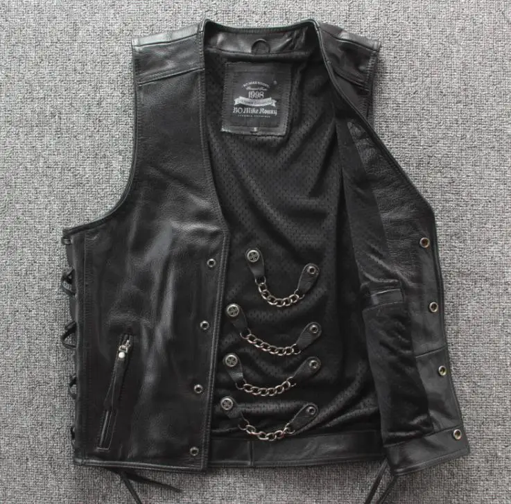 Мужские жилеты из натуральной кожи Байкерский жилет с металлической цепочкой
