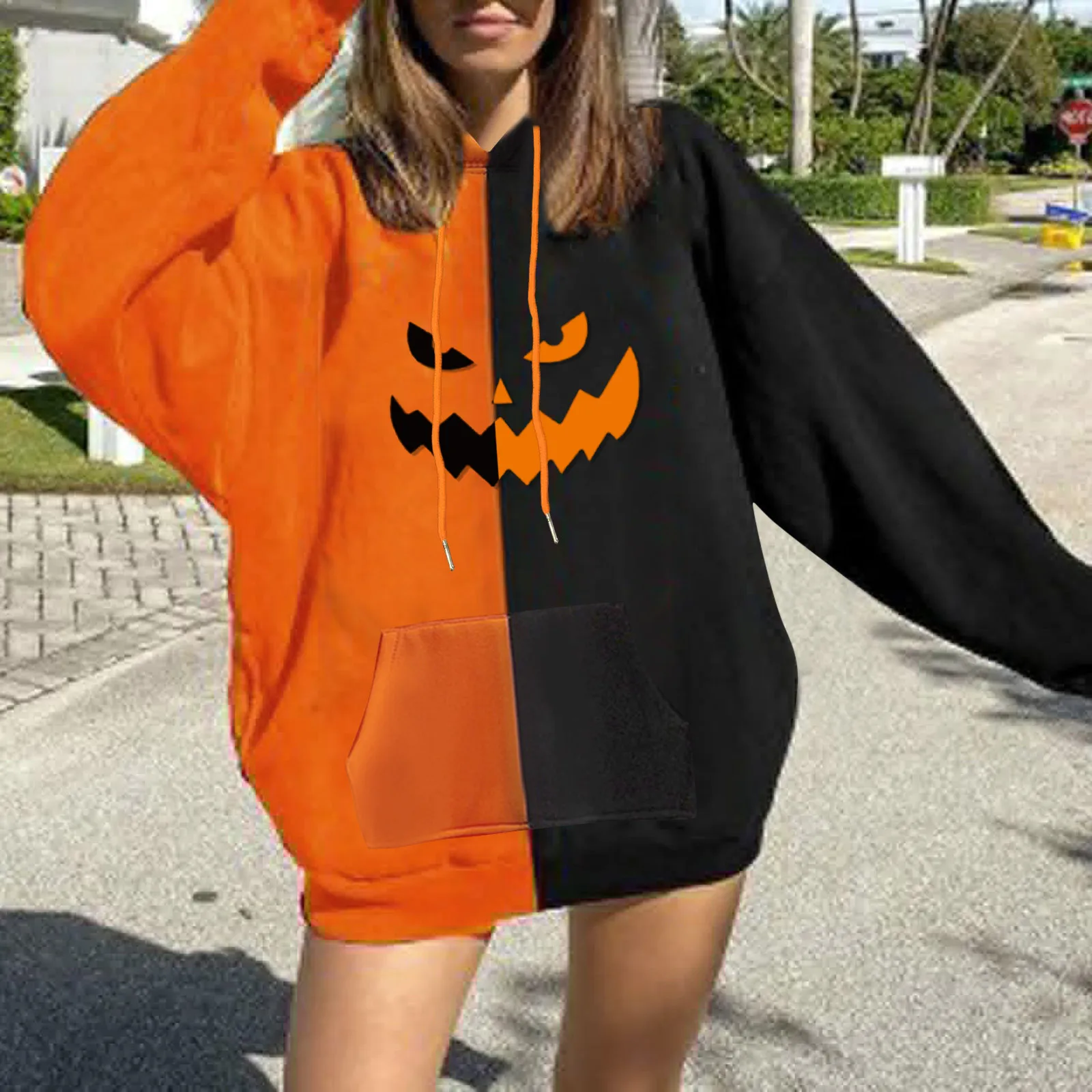 

Women Halloween Hoodie Patchwork Pullovers Hooded Long Sleeve Sweatshirts Casual Tops Fashion Autumn Mujer 2021 Streetwear R5