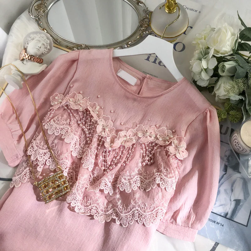 

2021 Summer French Style Gentle Flowers Tassel Bead Chiffon Women Blouses Western Style Sweet Ladies Shirt Fashion Pullover Top