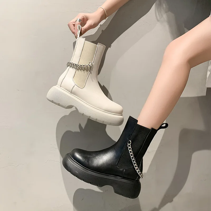 Elastic Chelsea Boots Women Fashion Metal Chain Punk Black Boots Female Casual Shoes High Top Ankle Shoes Thick Bottom