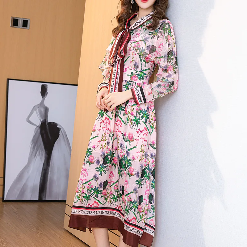 Весна-лето 100% длинное женское платье из натурального шелка с цветочным принтом