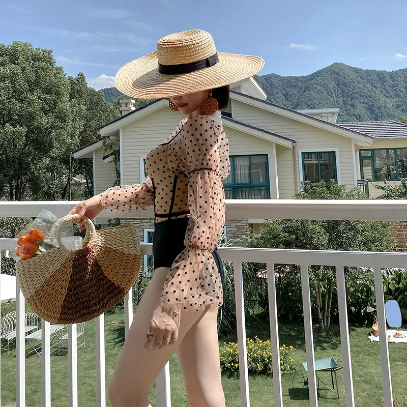 Женский слитный купальник в горошек с длинным рукавом кружевное Монокини пуш-ап