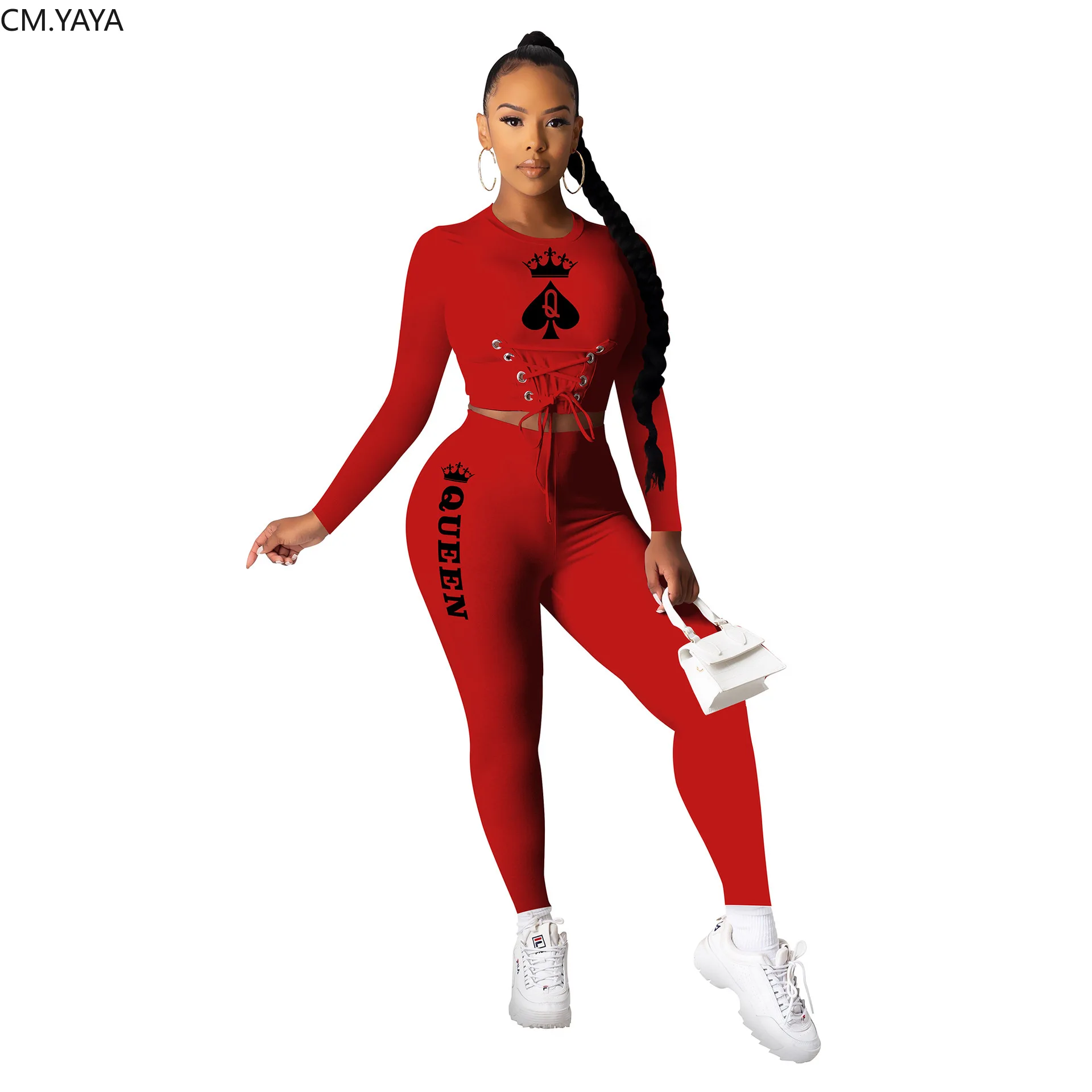 CM.YAYA Black Queen Spade Q Women Lace Up Waist Tee Tops Pencil Pants Suit Active Wear Tracksuit Two Piece Set Fitness Outfits |