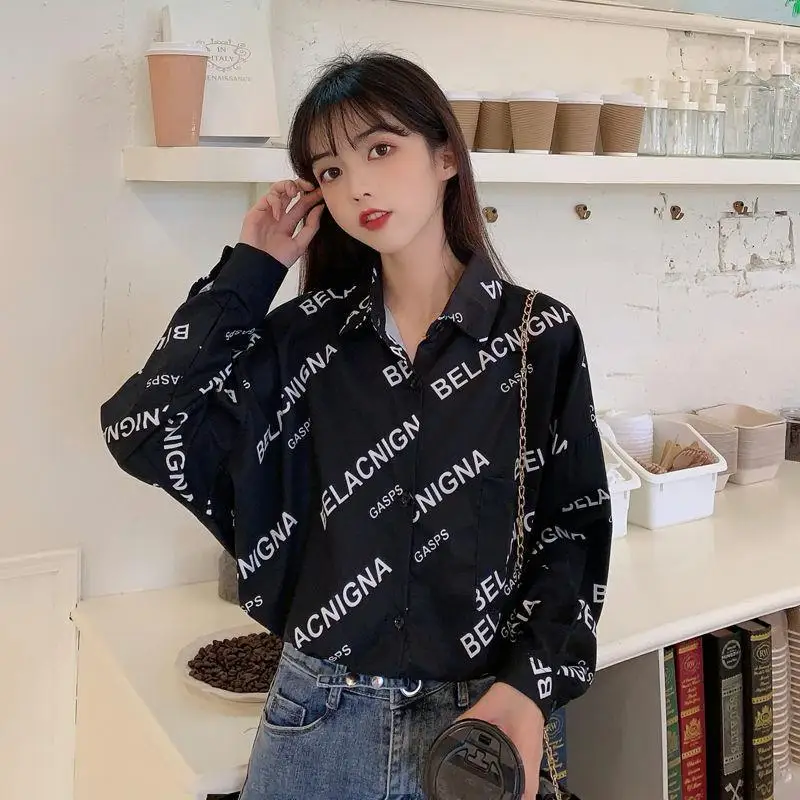 

Retro Street loose letter Print Long Sleeve Shirt coat