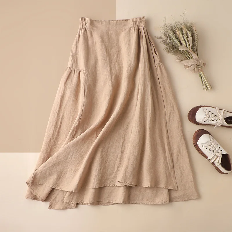 SHUCHAN Asymmetrical  Linen  Skirts Womens 2021  A-Line  Solid  Casual  Mid-Calf  Empire  Korean Style  Long Skirt