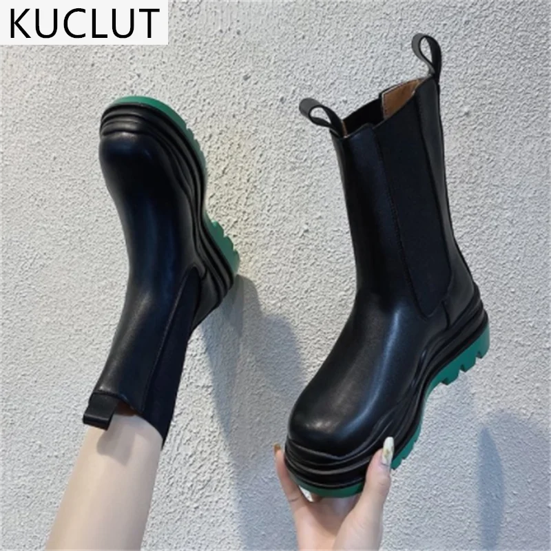 

2021 Autumn Leather Women's Ankle Boots Fashion Comfortable Platform Chelsea Boots Round Head Set Foot Short Boots Botas Mujer