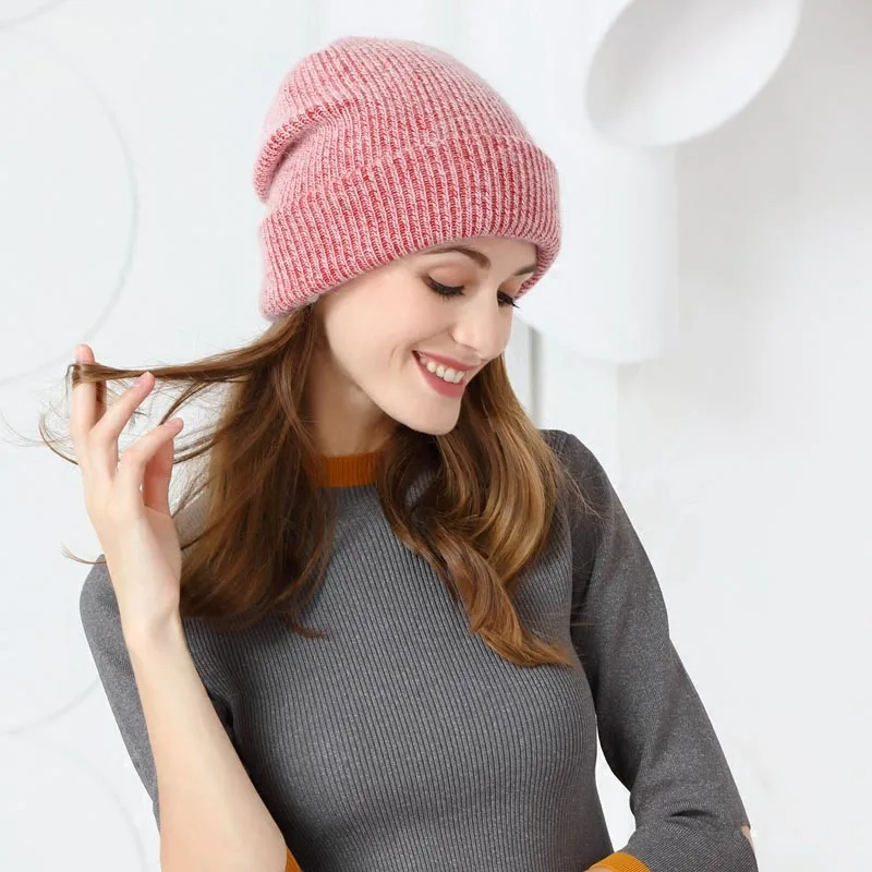 

2020 Women knitted Winter Hat female Warm Rabbit fluff beanie Girl Solid Bonnet femme Skullies beanies Soft Hats Winter Caps