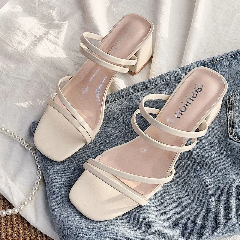 

New 2021 Female Sandals Sexy Summer Slippers Ladies High Heels Square Open Toe Slides Party Shoes Women Sandals Zapatos Mujer