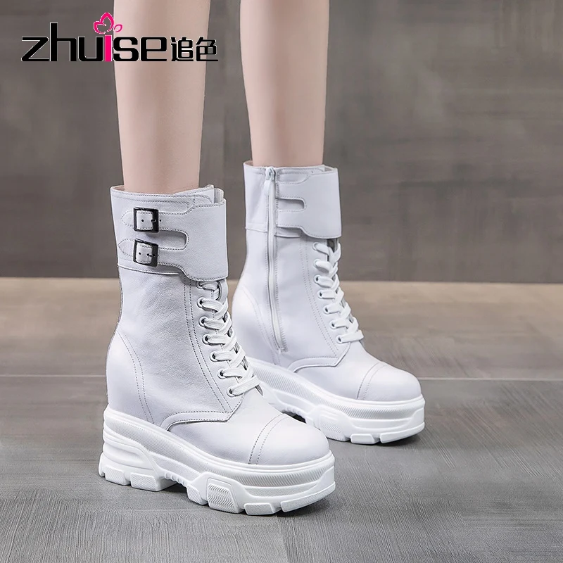 

Fashion Top Cowhide Leather Shoes Autumn Martin Boots Platform Internal Increase High Heeled Boots In-tube Boot Women Boots 10CM