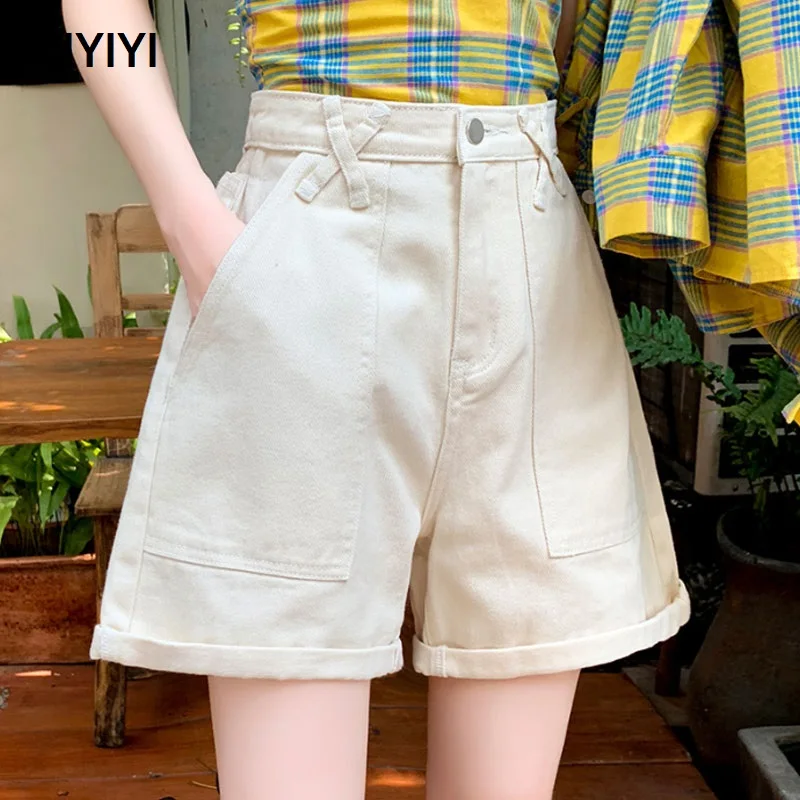 

High waist loose wide leg straight denim five-point shorts women's summer 2021 new outer wear mid-pants off-white AUYIYI