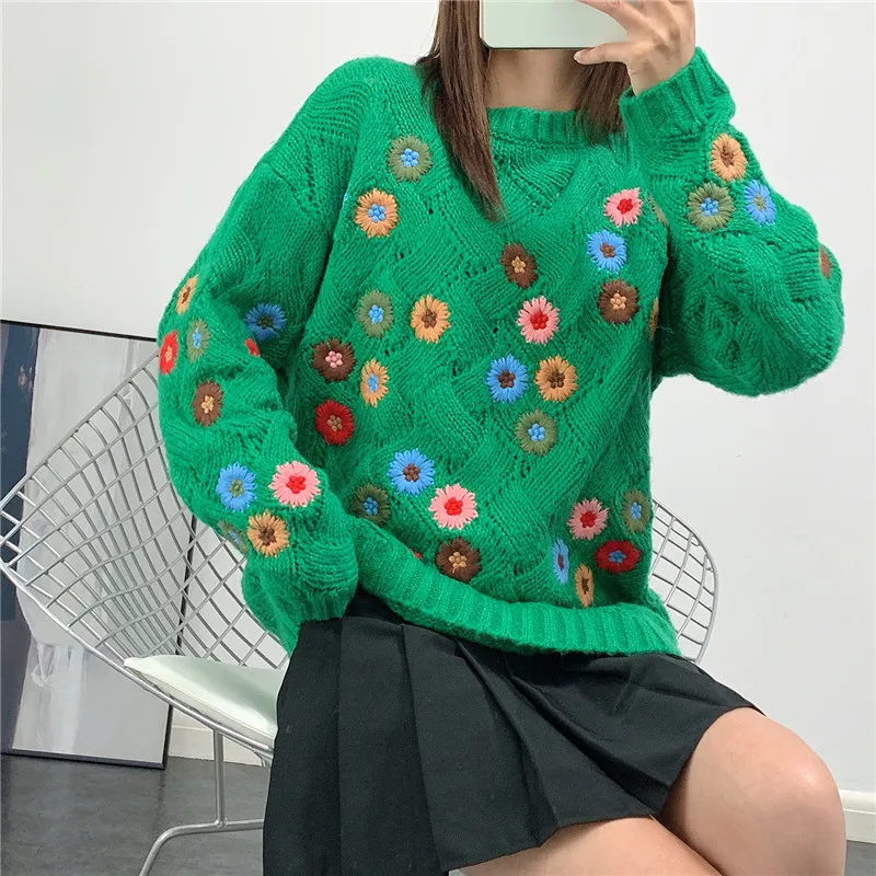 

Женский свитер оверсайз, Свободный пуловер без застежки, Осень-зима 2020, толстый свитер с вышивкой, зеленые джемперы, Sueter Mujer