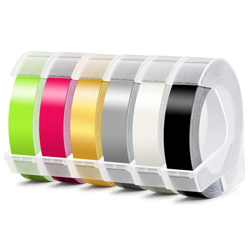 

6 Roll Embossing Label Maker Tape 3D Plastic 9mm x 3Meter Embossing Label Tape White on Black/ Clear/ Silver/ Gold/Fluorescent P