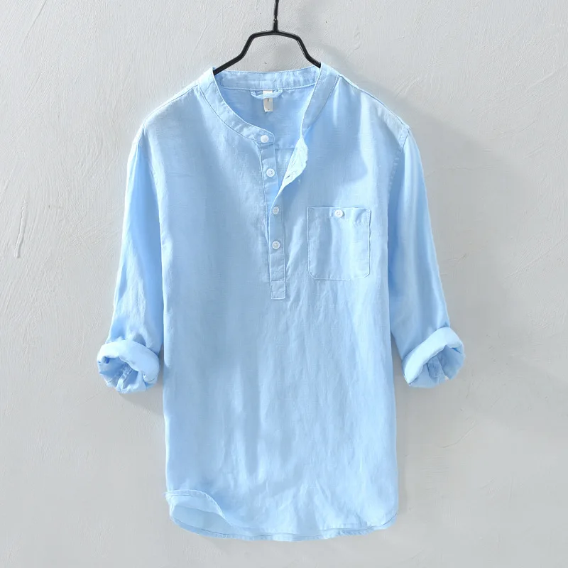 

100%Pure Linen Pullover Shirt Man Casual Three Quarter Sleeve Tops Fashion Solid Blue Breathable Men's Clothing Y2933