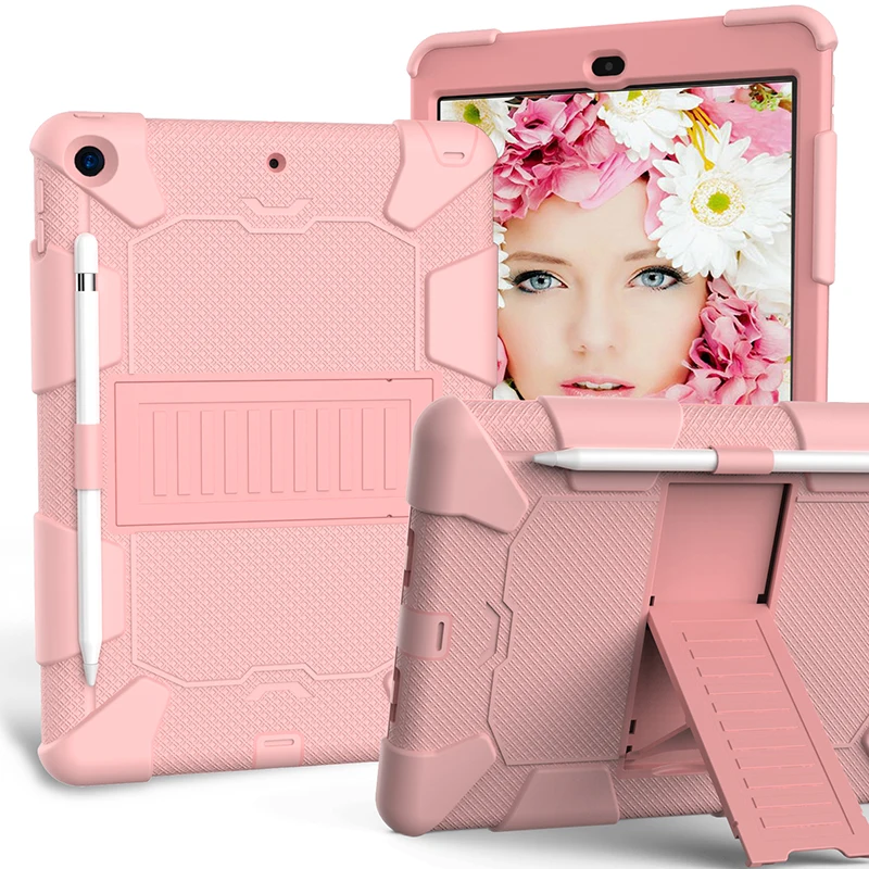 rose gold Прочный силиконовый чехол с подставкой и карандашом для iPad 10,2 7-го поколения, противоударный защитный чехол+ ручка - Цвет: rose gold