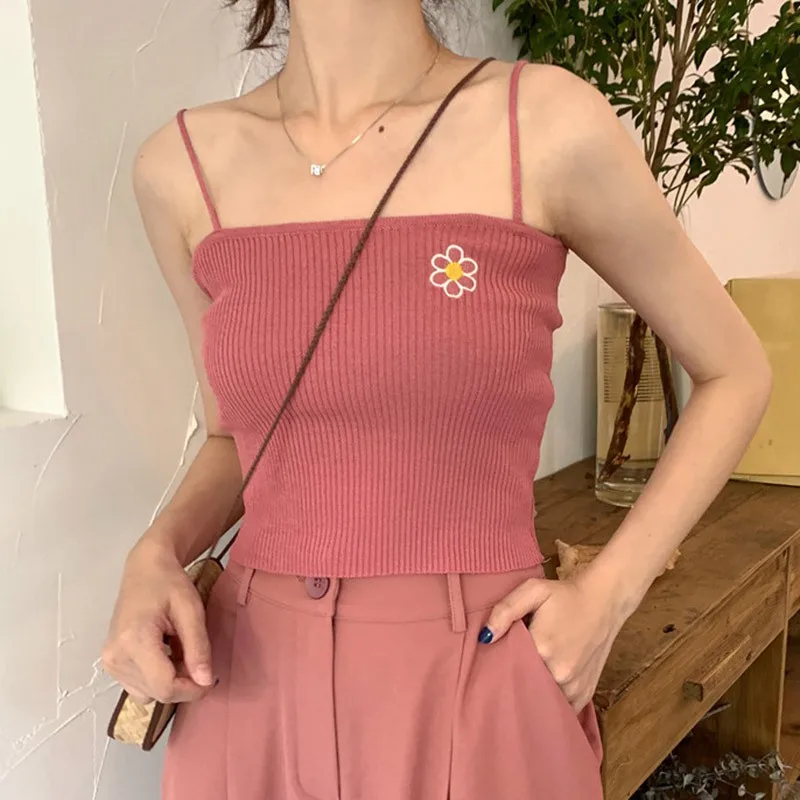 

Casual Sweet Knitted Floral Embroidery Tank Tops Summer Beach Wear Sexy Vest Female Sleeveless Basic Camisole