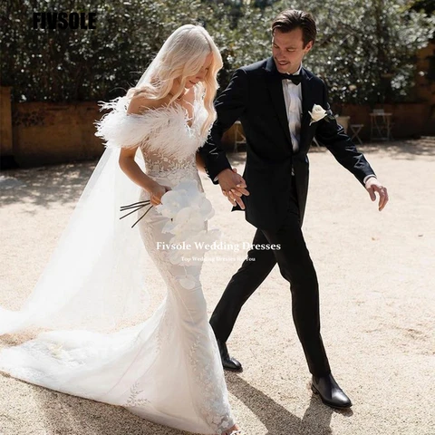 Fivsole Modern White 2021 Mermaid Wedding Dresses 2021 Sweetheart Luxury Feather Lace Appliques Robe De Mariée Vestido De Noiva