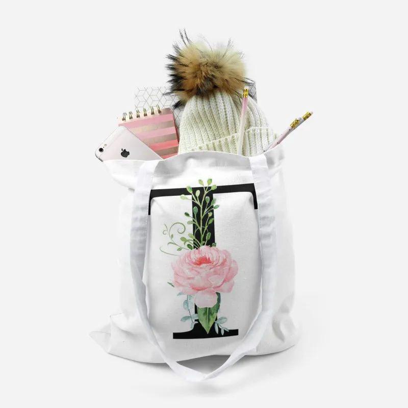 Сумка-шоппер Складная холщовая саквояж с цветочным рисунком и 26 буквами для