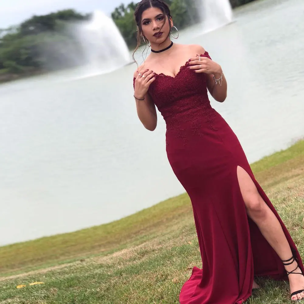 

Burgundy Party Gowns Mermaid / Trumpet Off-the-shoulder Evening Dresses Sweetheart Floor length Front/Side Slit Party Gowns