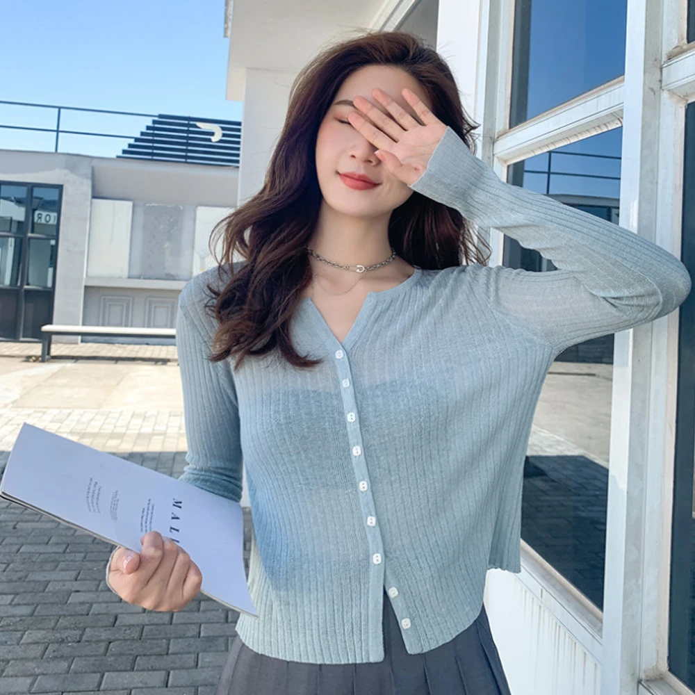 

Summer Thin Knitted Sweaters Single Breaste Tencel Linen O-Neck Jackets Cardigan Sun Protection Shirt Women's Sweater 2021